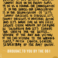 A bold yellow print with black handwritten text of a speech by Mick Lynch, leader of the RMT union
